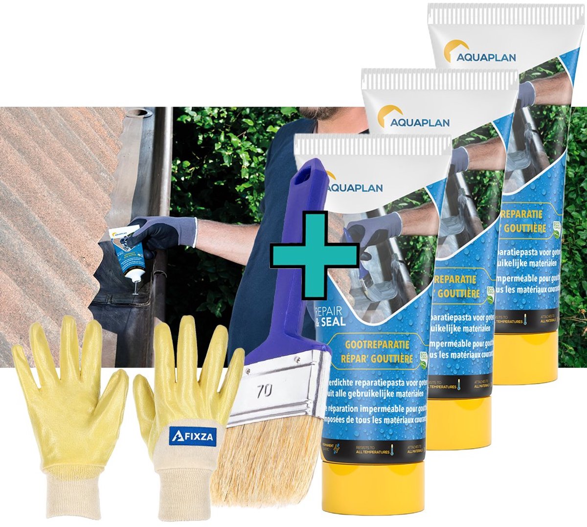 Aquaplan Gootreparatie – set – Waterdichte Reparatiepasta voor Dakgoten – Elastisch & Scheuroverbruggend – 450 ml