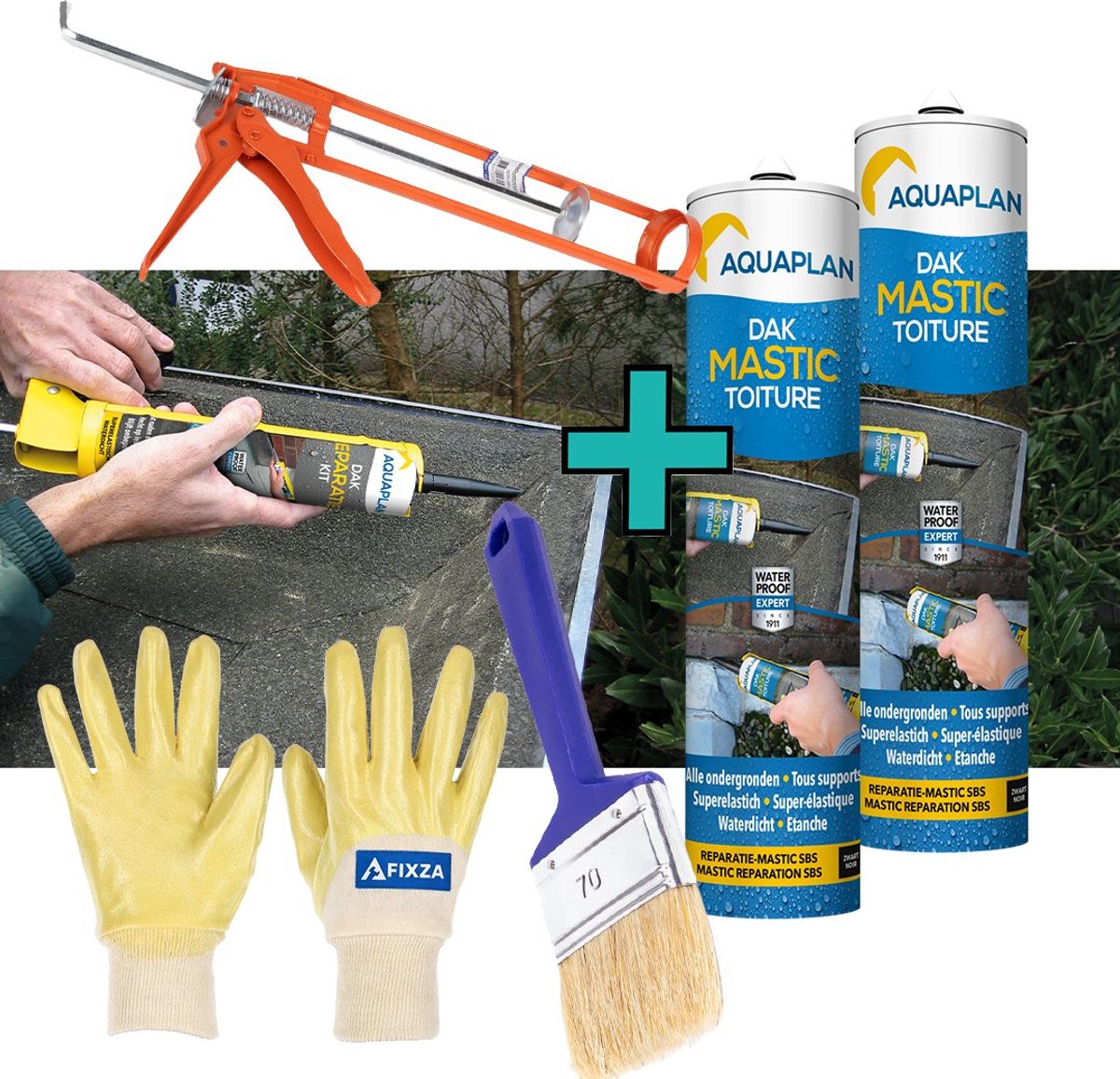 Aquaplan Reparatie-Mastic – set - plus kwast - Waterdichte Dakreparatie Pasta – Voor Scheuren, Barsten en Dakafdichting - 620 ml