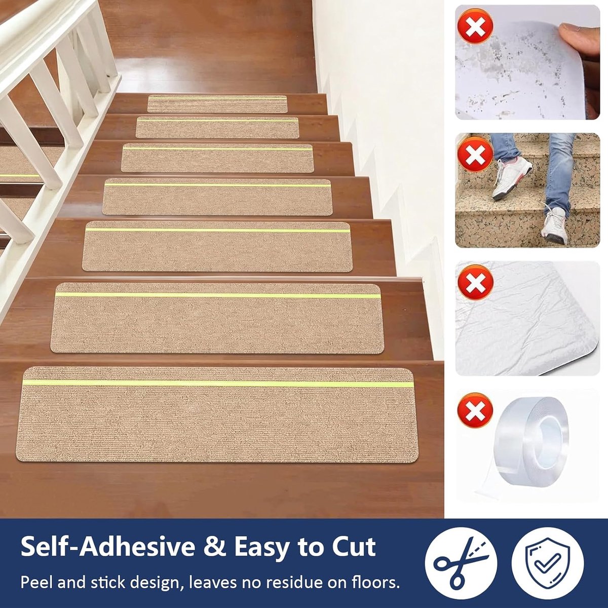 trapbeschermingsmatten met lichtgevende strepen, antislip oppervlak, weerbestendig en duurzaam, veilige trapbescherming voor woonruimtes en dagelijks gebruik (beige)