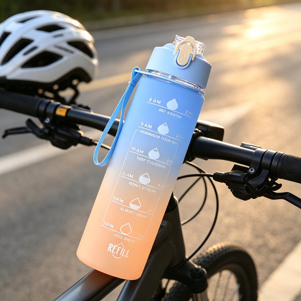 Drinkflesh 750 met rietje en tijdmarkering BPA-vrij lekvrije énklik dop sport waterflesh met draaglus blauw kleurverloop