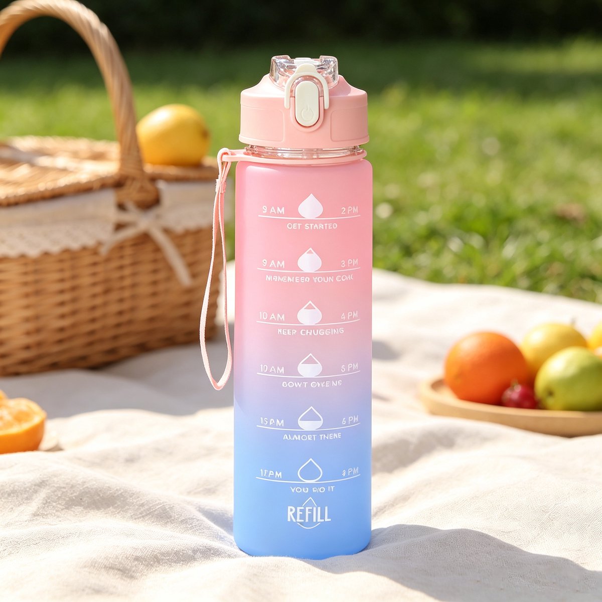 Drinkflesh 750 met rietje en tijdmarkering BPA-vrij lekvrije énklik dop sport waterflesh met draaglus roze kleurverloop