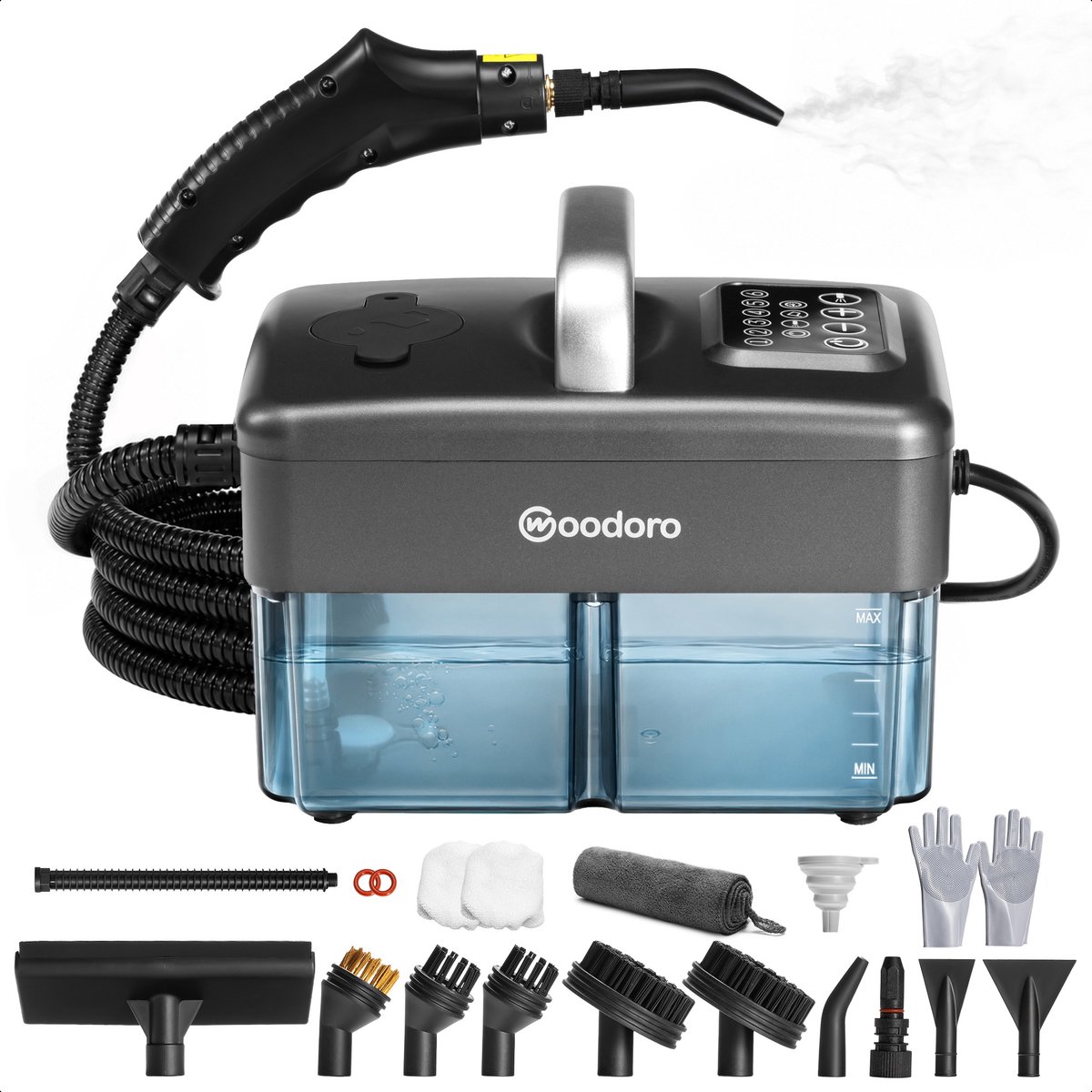 Stoomreiniger 121°C – In 15s Warm – 60 Min Stomen – 6 Standen – Handstomer voor Bank, Vloer, Badkamer, Keuken, Auto, Tapijt – Vlekkenreiniger – Handstoomreiniger – 1.6L Steam Cleaner – Woodoro