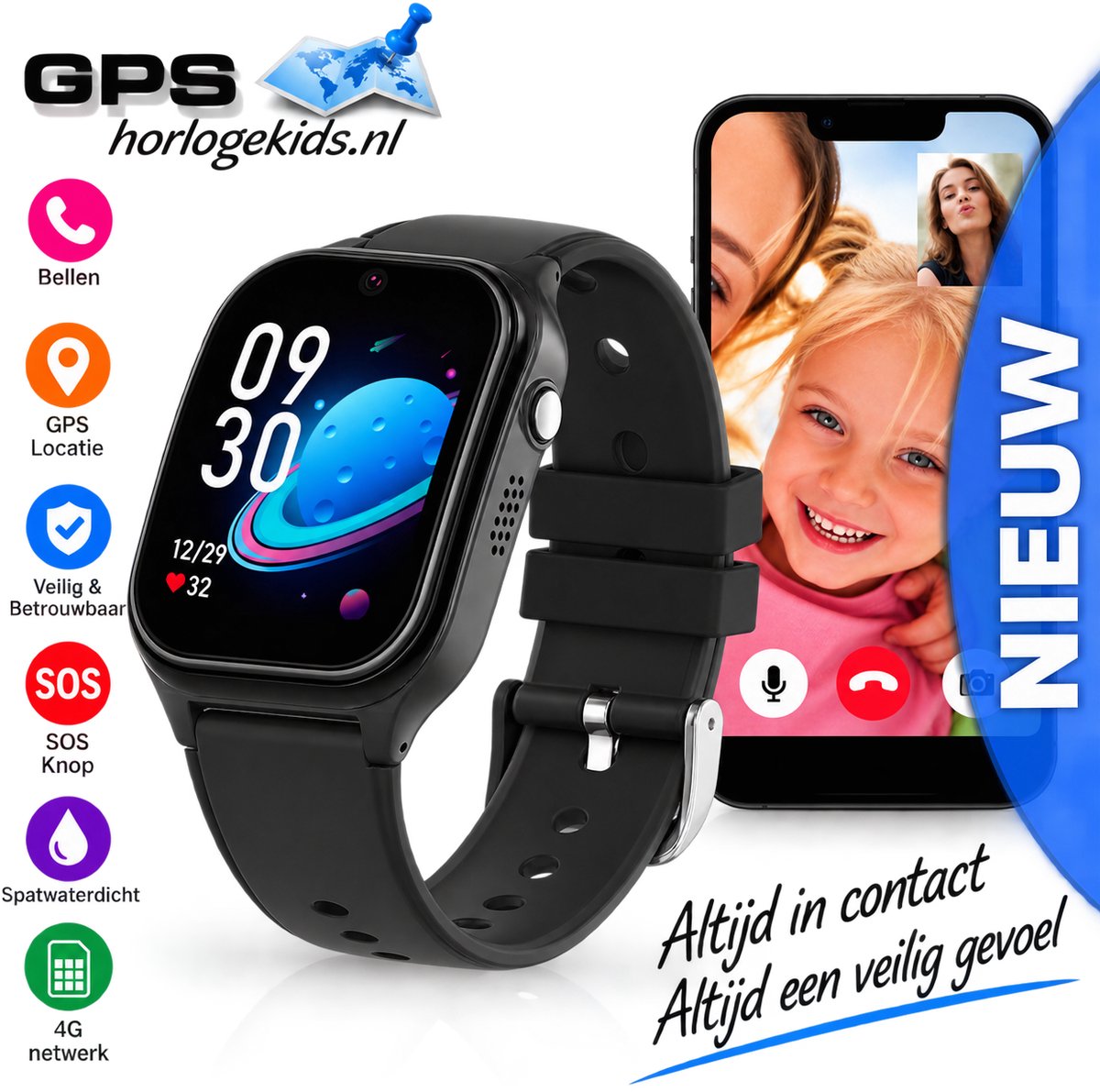 GPSHorlogeKids© - smartwatch kinderen - GPS horloge kind – kleinste model 2025 – kinder smartwatch - 4G videobellen - spatwaterdicht - SOS alarm - incl. SIM - PAX Zwart