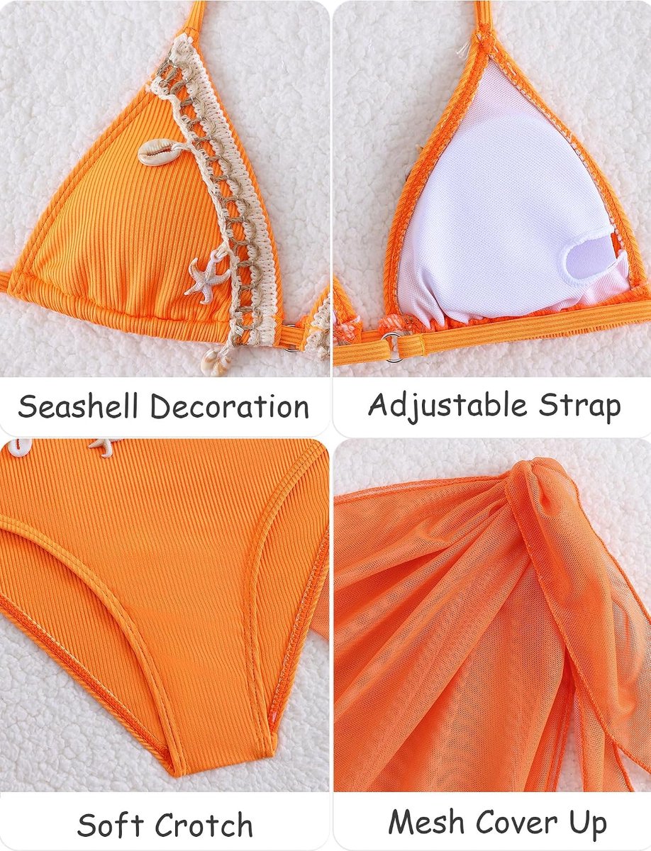 Badpak 3-delig voor kinderen, meisjes, bikinitop + slip + cover-up rok, badmode, schelp, strandkleding, 8-12 jaar