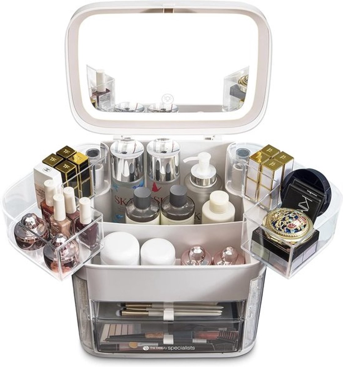 Professionele Make-up Opbergkoffer met Dimbare LED Spiegel en Sieraden Vakken