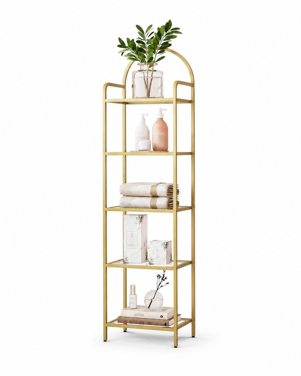 Atlasyx boekenkast - Opbergkast - Wandrek - Opbergrek - Badkamerrek - Plantenrek - Gehard Glas - 5 Niveaus - 30 x40x 155 cm - Goud