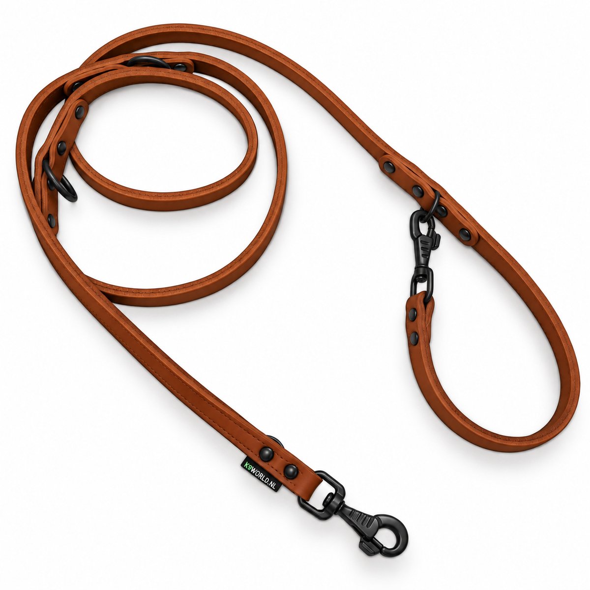 K9World by van der Veeke, Verstelbare Leren Hondenriem Heavy Duty – Dubbel Cognac Bruin Leer – 18 mm – Dubbele Zwarte Musketon –3-Punts Verstelbaar – Politielijn