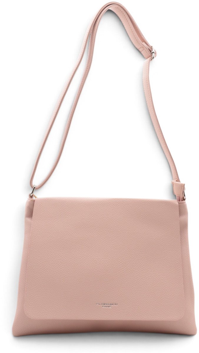 Flora&CO - ELSA - zacht generfd imitatieleer - crossbody dames tas met flap - lange instelbare draagriem - 3 vakken met ritssluiting - lichtroze