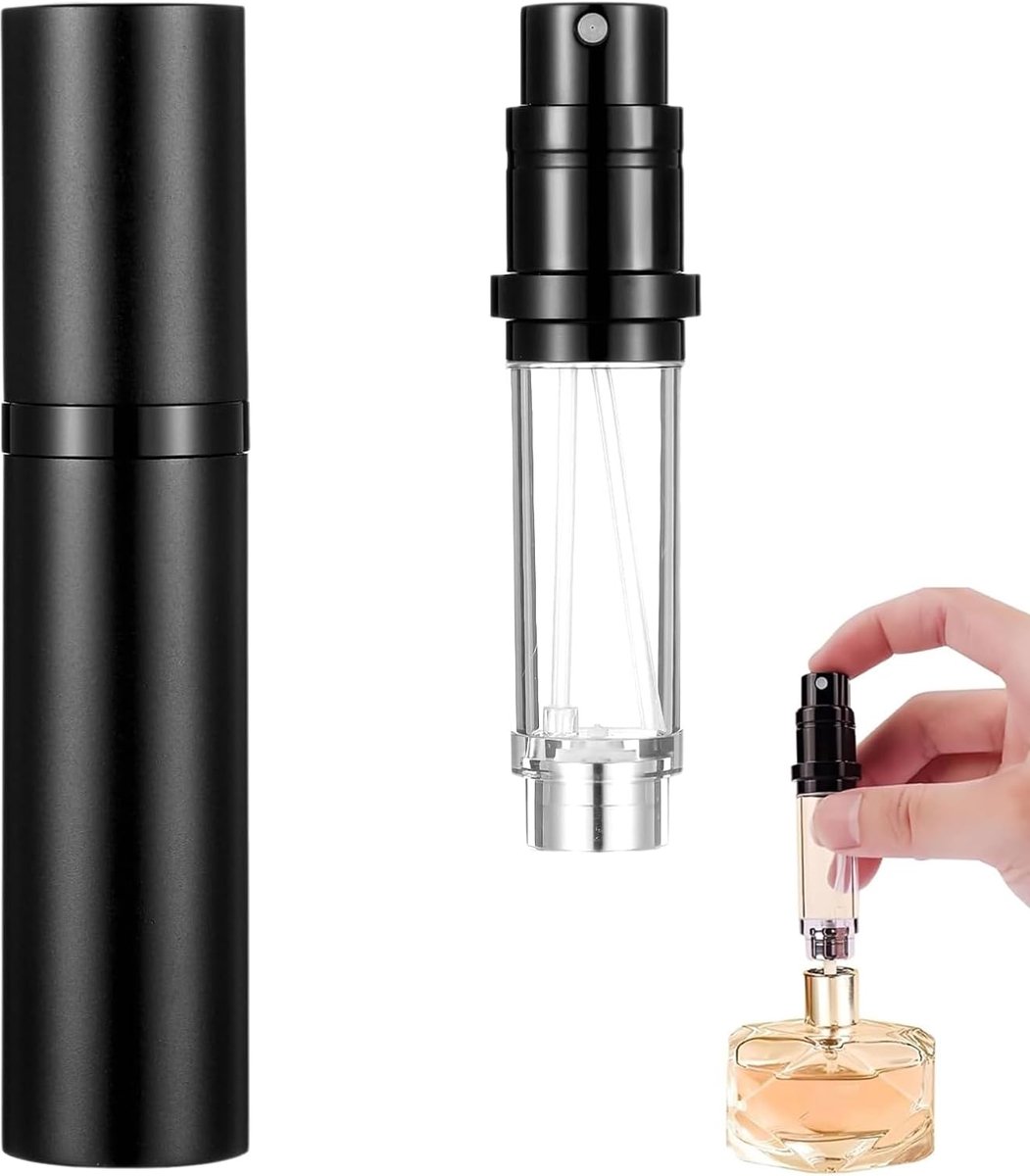 5ml Zwart – Navulbaar Spuitflesje voor Reizen, Wandelen en Uitgaan – Pocketformaat Geurverstuiver voor Parfum, Aftershave en Essentiële Oliën – Lekvrij en Herbruikbaar