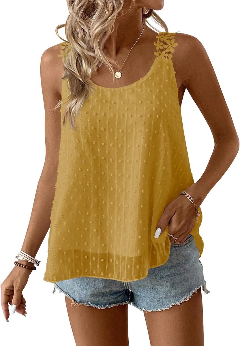 Tank Top Dames Zomer Boho Blouse Mouwloos Tops Vloeiend Elegant Ronde Hals Bloemen Camisole Casual Kant Outfits