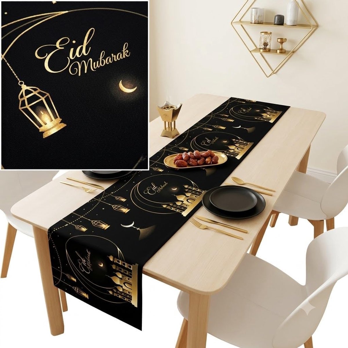 Eid Mubarak tafelloper, 35 x 180 cm, ramadan decoratie tafelkleed van polyester, moslimtafelloper met maan en kasteelmotief voor islamitische feesten en feesten, 1 stuk