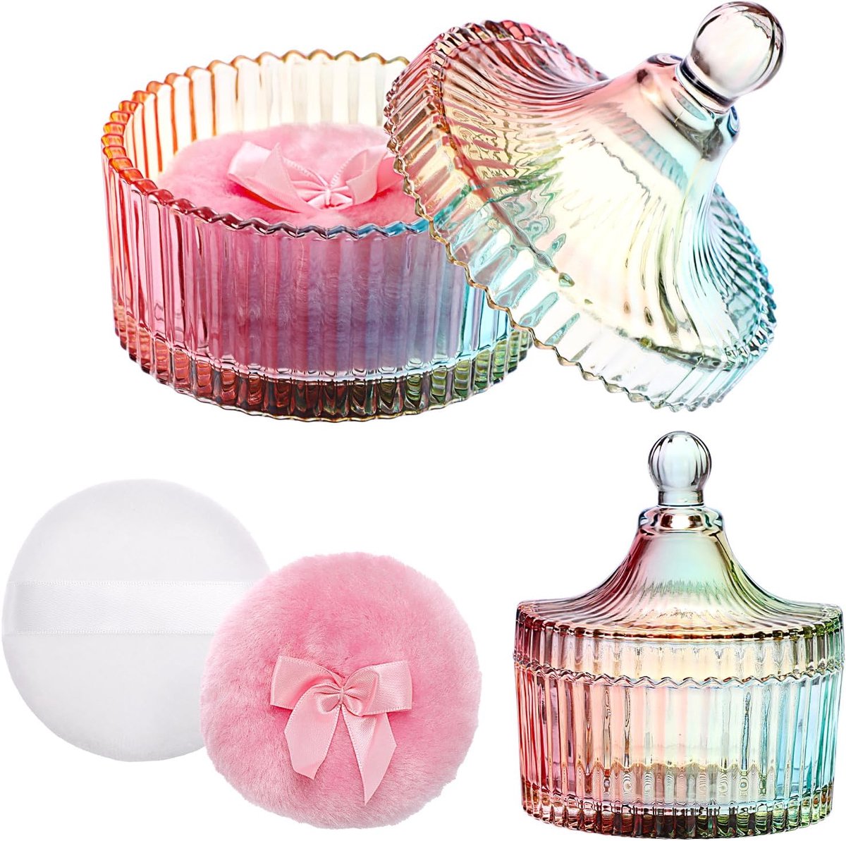 Poederblikset van glas, kleurrijke lichaamspoederhouder, babypoederdoos met poederkwast, poederetui voor lichaamspoeder, talkpoeder, cosmeticapoeder voor reizen, verjaardag, als cadeau (geen