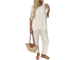 Fakanhui Linnen 2-delige damesoutfits 3/4 mouwen pullover top wijde pijpen broek zomer casual vakantie losse pak sets