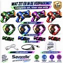 Savorelle laserguns, borst- en rugsensoren in groen, blauw, paars en rood, met USB-oplaadkabels en handleiding.