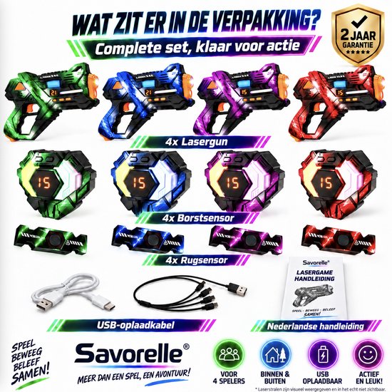 Savorelle laserguns, borst- en rugsensoren in groen, blauw, paars en rood, met USB-oplaadkabels en handleiding.