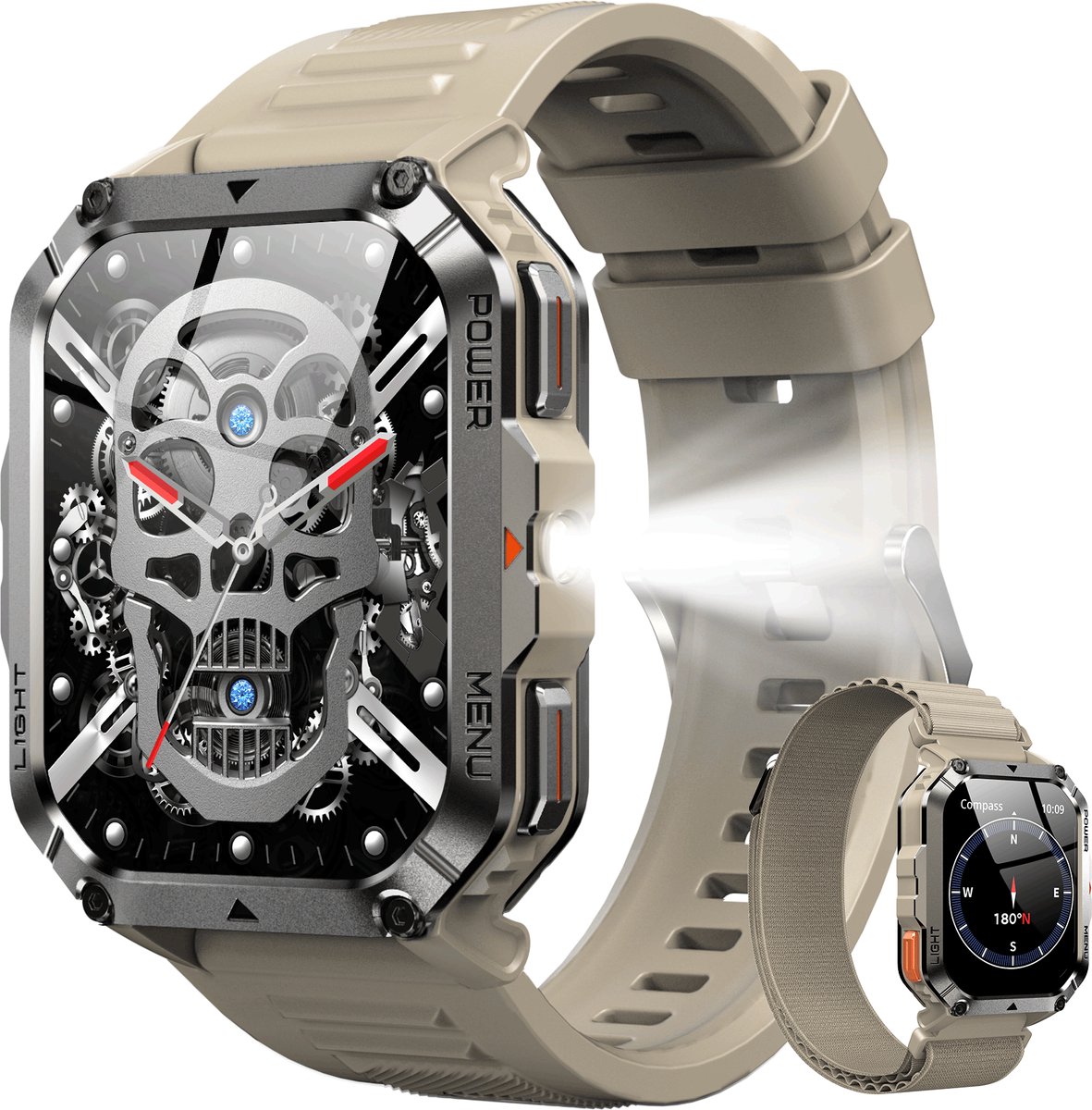 W70Pro - Smartwatch - Sporthorloge - Heren en Dames - Health - Stappenteller - Hartslagmeter - Saturatiemeter - Belfunctie - 100+ Sportmodi - Kompas - Zaklamp - Geschikt voor iOS/Android - Khaki