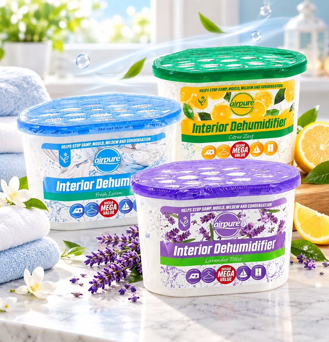 Airpure Interior Dehumidifier- 3 stuks – Vochtvreter met Geur – 3 Geurenmix – Linen, Lavender & Citrus – Voor Huis, Badkamer, Slaapkamer & Kast