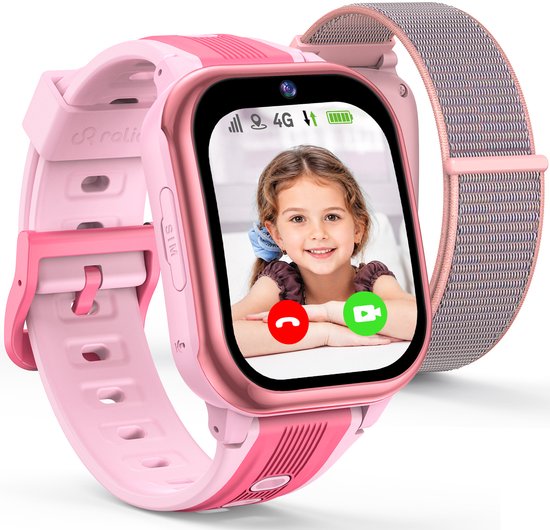 Roze kinder-smartwatch met 1,83 inch scherm. Toont een meisje dat videogesprek voert, met rode en groene knoppen.