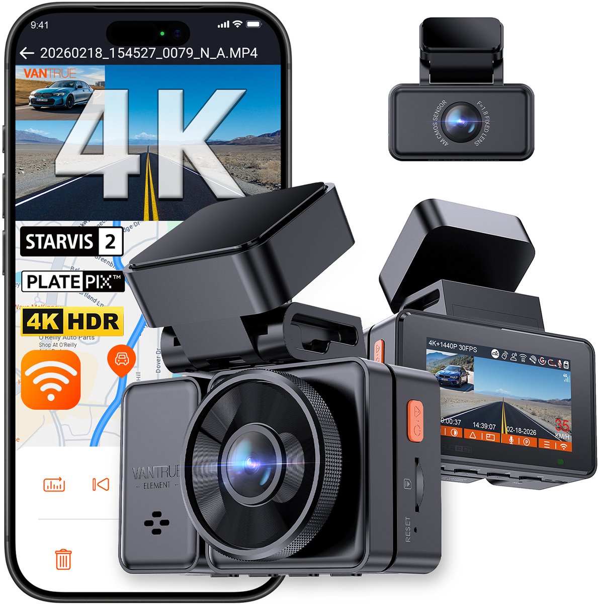 Vantrue E2 Pro Dashcam voor- en achterkant, verbeterde achteruitcamera 2,5K, dashboardcamera 4K+2,5K voor auto's, WiFi, GPS, nachtzicht, 24H parkeermodus, IPS 2,45", ondersteuning voor 1TB