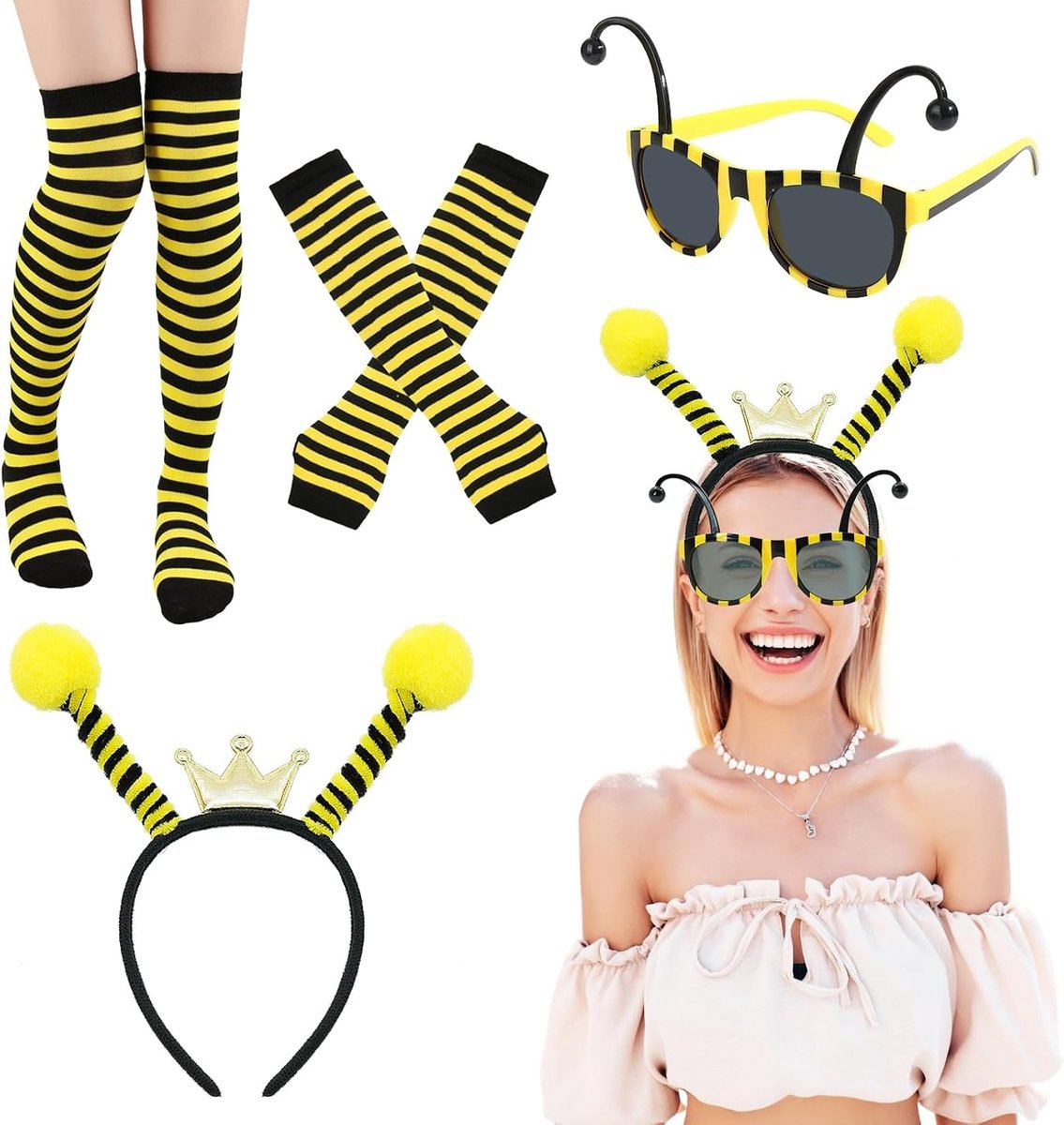Bijen Kostuum voor Vrouwen en Meisjes met Haarband, Antennes, Zonnebril en Vingerloze Handschoenen voor Carnaval en Feestjes