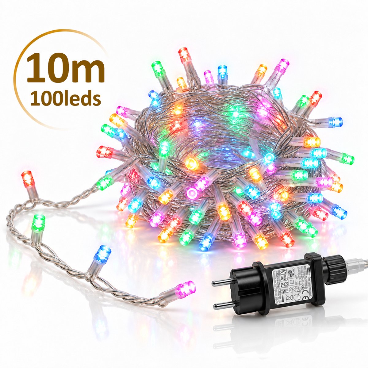 Lapamax LED Lichtsnoer - Kerstverlichting 10 m 100 LEDs Meerkleurig - Zonder Tail Plug - 31 V Laagspanning met Timer, Geheugen en 8 Lichtstanden - Kerstboomverlichting met Adapter en 3 m Aanloopsnoer