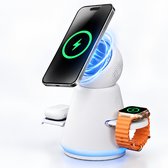 OUYLAF 3-in-1 Draadloze Oplader Qi2.2 - 25W Snelladen - MagSafe Oplader voor iPhone - Apple Watch Lader - Wireless Charger voor Oortjes - Oplaadstation iPhone - Automatische 90° Draaifunctie - Wit