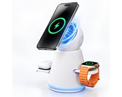 OUYLAF 3-in-1 Draadloze Oplader Qi2.2 - 25W Snelladen - MagSafe Oplader voor iPhone - Apple Watch Lader - Wireless Charger voor Oortjes - Oplaadstation iPhone - Automatische 90° Draaifunctie - Wit