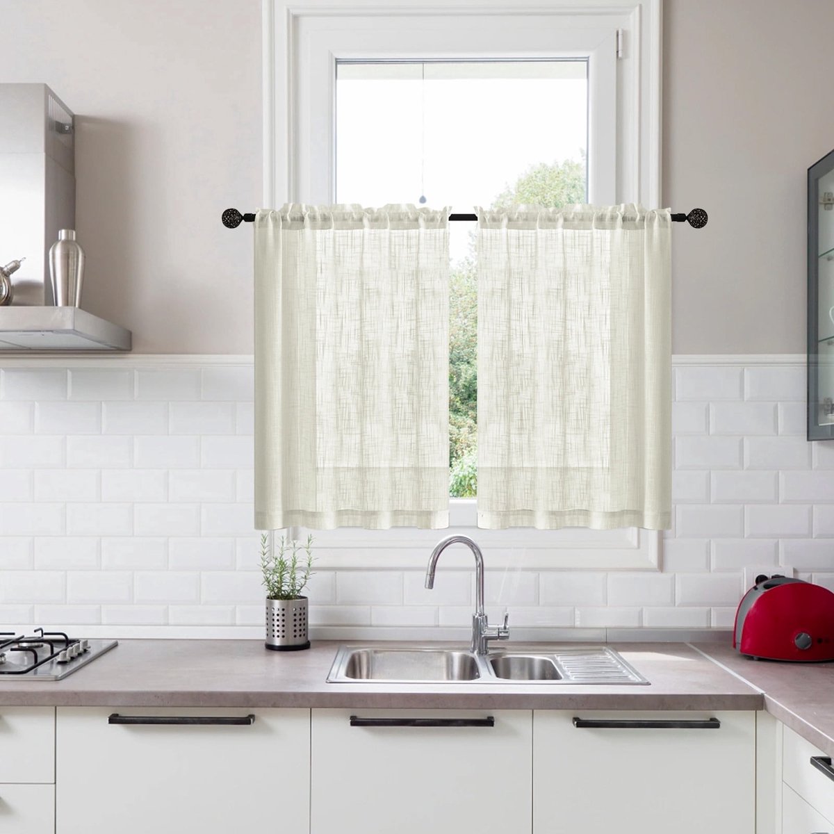Ulisem Korte Keukengordijnen Vintage Stijl Semi Transparant - Raamvalance - Lichtdoorlatend - Voor Keuken Badkamer Slaapkamer - Beige Polyester Gordijnen Set Van 2