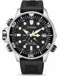 Zwart Citizen Eco-Drive duikhorloge met zilverkleurige kast en gele secondewijzer. Drijvende wijzers en datumindicatie.