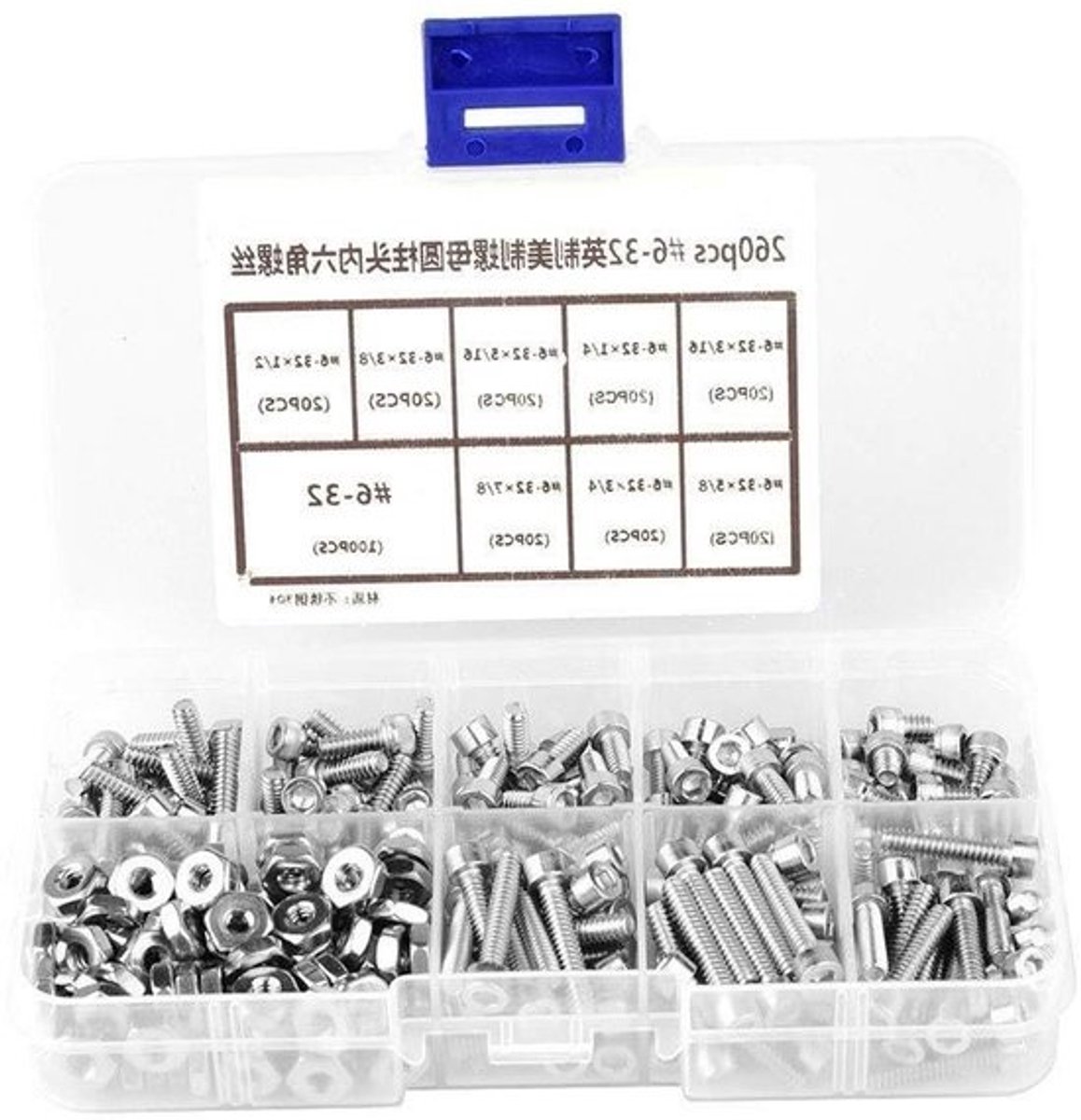 Hex Kopschroef Assortiment - Schroeven Moeren Kit - Machine Bevestigen - 304 Roestvrij Staal - 260 Stuks - Zilver