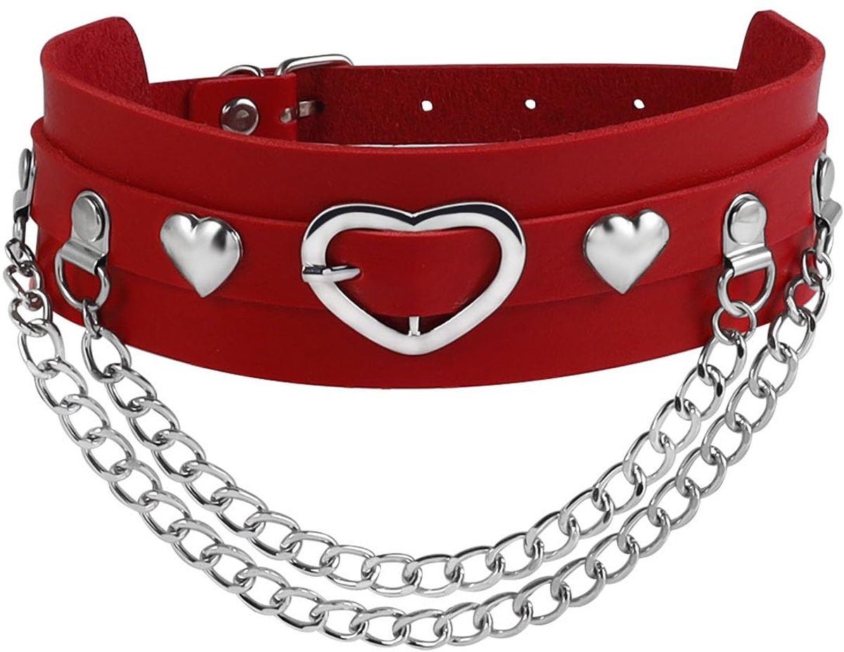 Dailygoods- Halsband Verstelbaar - PU-Leren Choker - Dubbele Ketting - Hart Detail - Gothic Stijl - 31-43 cm Instelbaar