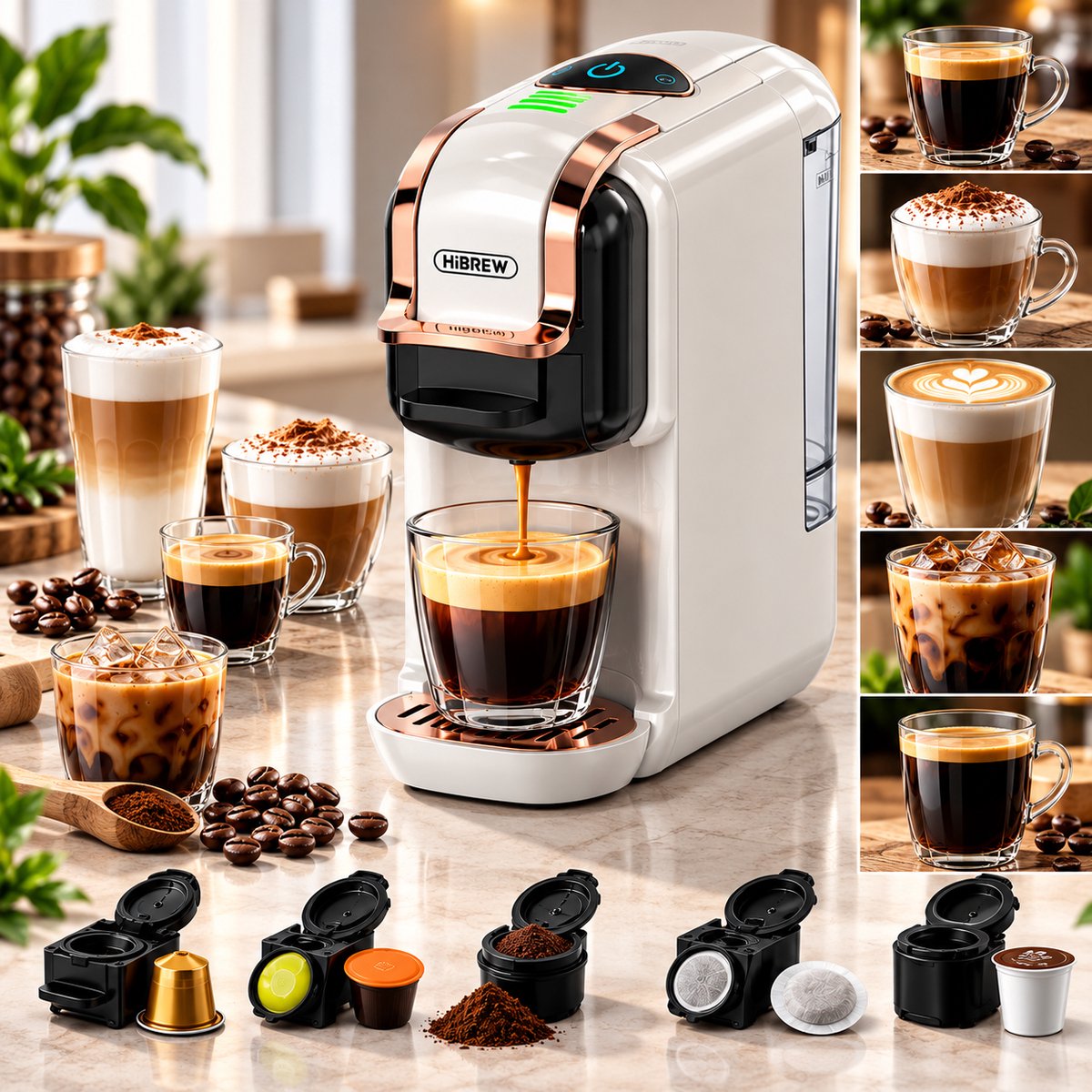 HiBREW 5-in-1 Espresso Machine – Koffiezetapparaat voor Nespresso®, Dolce Gusto®, K-Cup®, ESE & Gemalen Koffie – Hot & Cold – Wit/Rosegoud