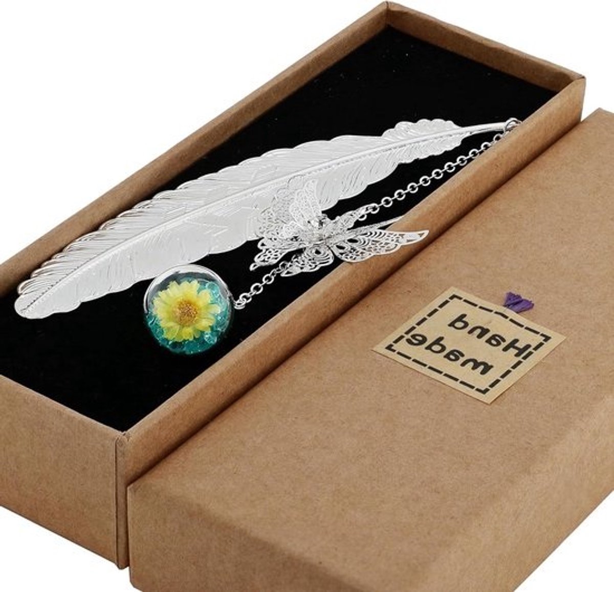 Metalen bladwijzer - Boekenlegger veer - Lezen markeren - 3D vlinder hanger - 115 cm - Zilver/Blauw