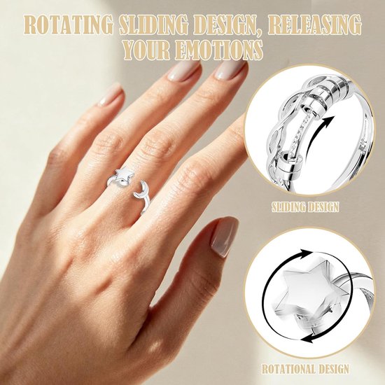 Fidget Ring Set 5 Stuks, Verstelbare Anxiety Ring voor Dames en Heren Zilveren Anti Stress Draairingen met Ster Maan Zon Kralen Spinning Ringen Cadeau — afbeelding 3