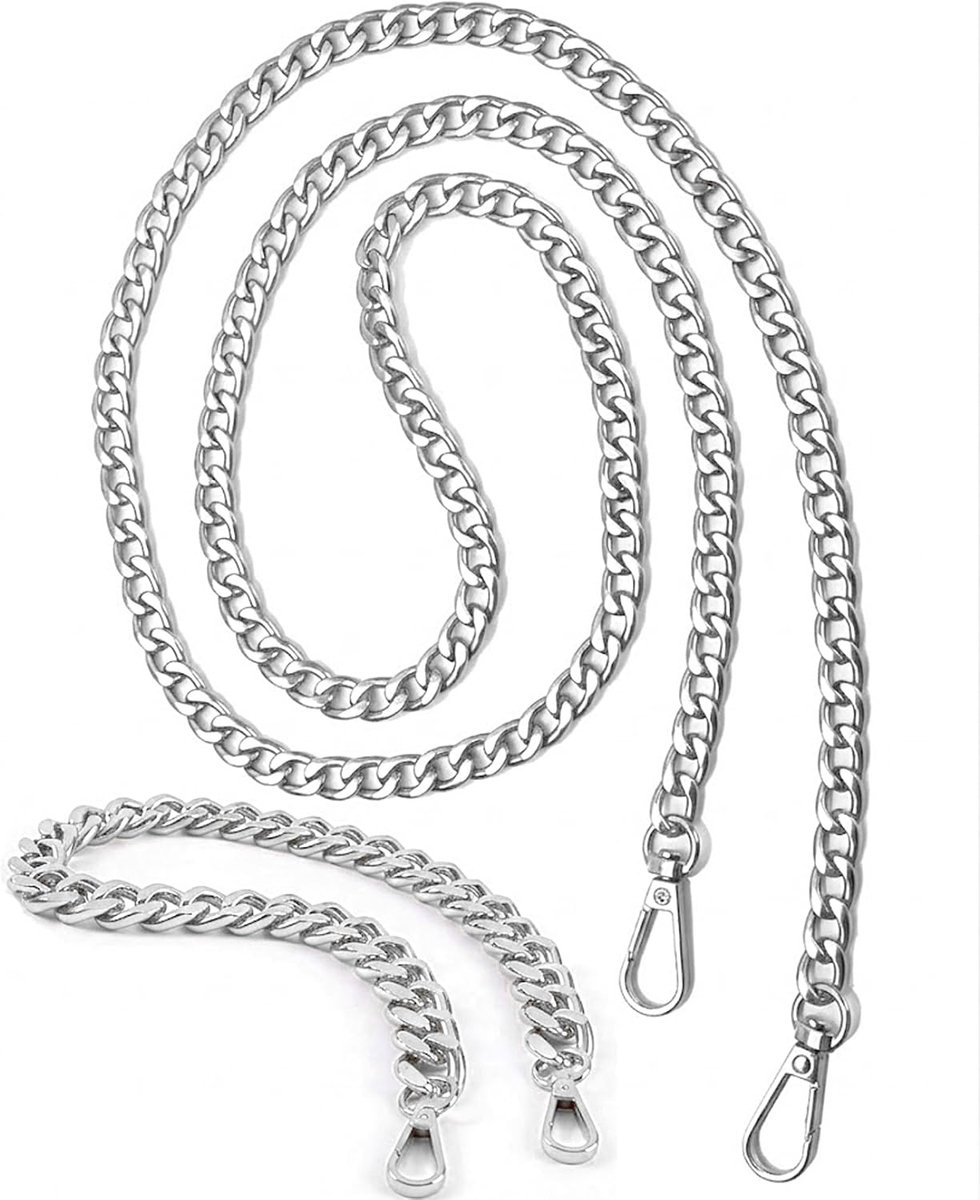 2 stuks handtaskettingen, 1 stuk 120 cm, 1 stuk 40 cm, metalen ketting voor handtas, damestas, schoudertas, tasketting met karabijnhaak, zilver voor handtas