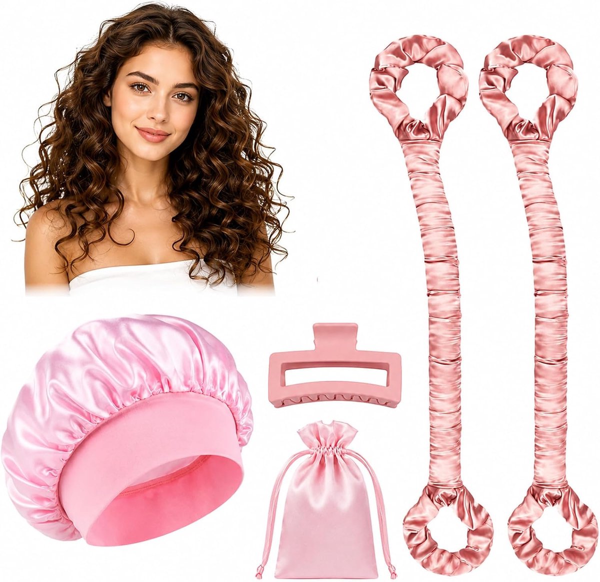 Krulspelden zonder hitte, verstelbaar | Met slaapmuts, haarclips en tas, antislip, hitteloze krulband, perfecte haargolven, voor lange, gemiddelde lengte
