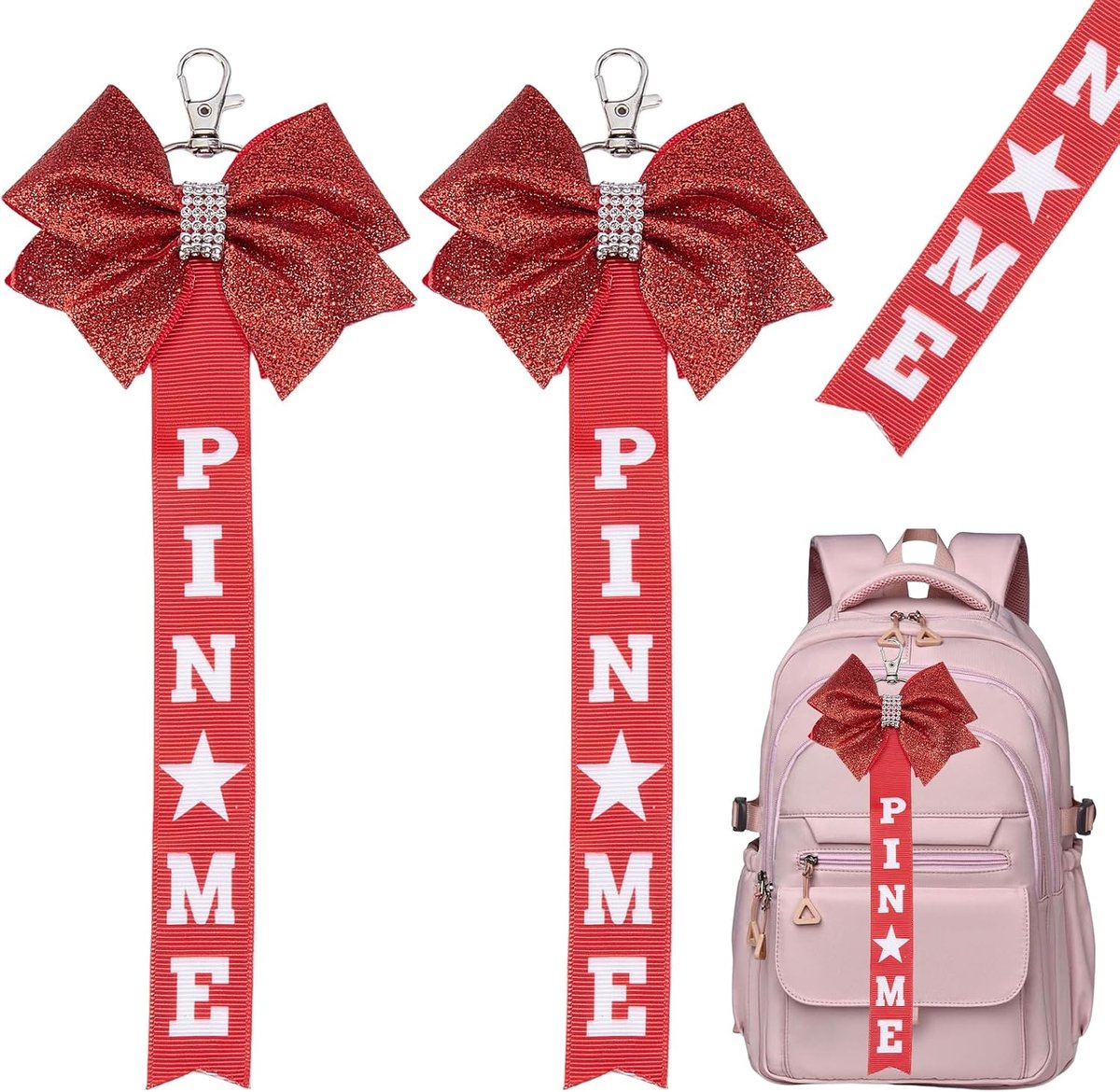 2 sleutelhangers met strik, pailletten, cheerleader, pin me, voor rugzakken, sleutelhangers, rode band van pompon, meisjes, met strass en strikken, cadeau voor fans