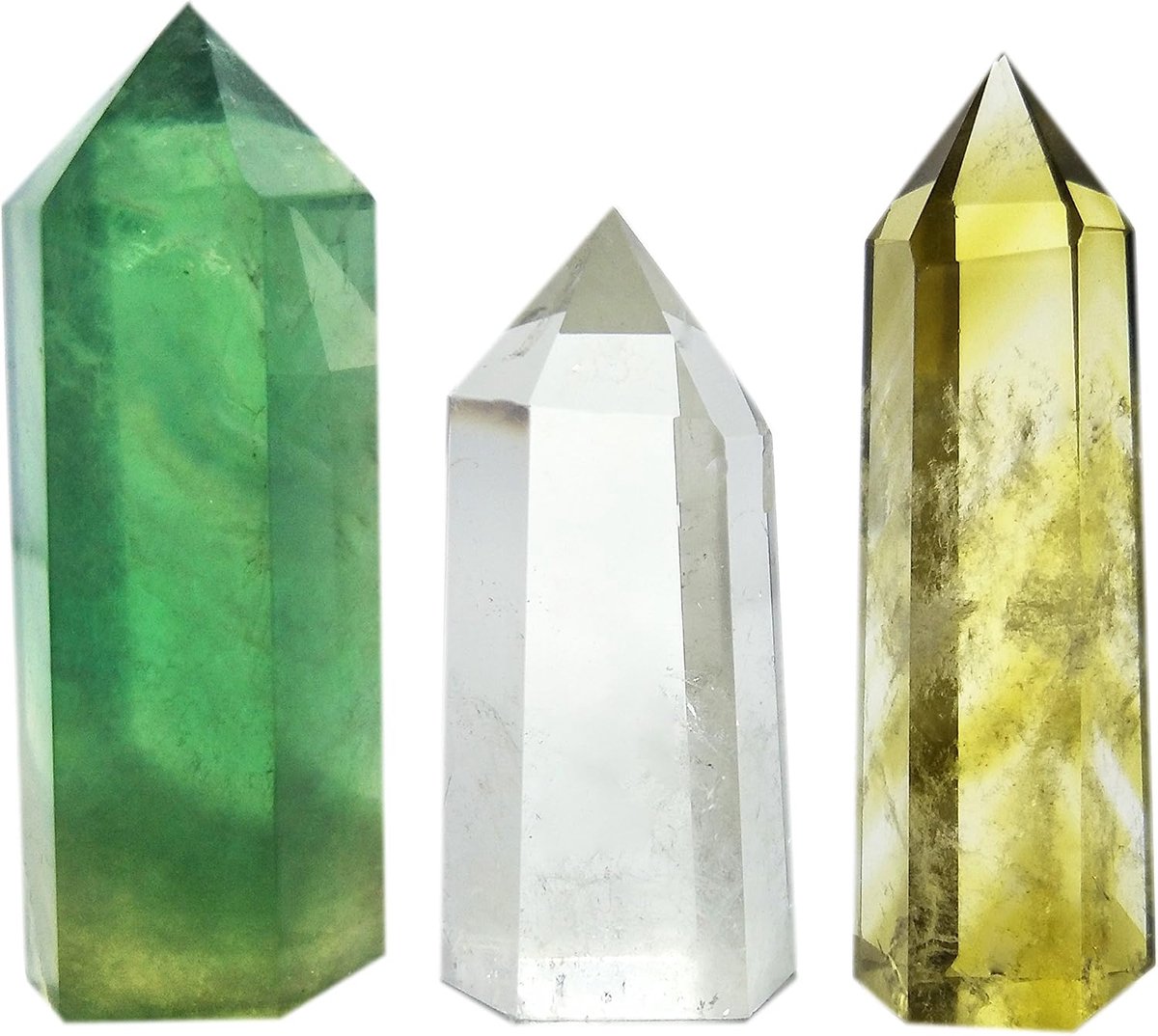 Jade Set van 3 kristalstaven van helder kwarts, geel kwarts en fluoriet steen, spits en facetgeslepen voor genezing, reiki, chakra, meditatie, therapie, decoratie