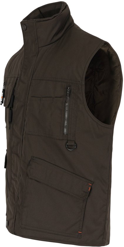 Bruine bodywarmer met hoge kraag, zakken met rits en klep, en D-ringen. Lange rug.