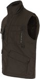 Bruine bodywarmer met hoge kraag, zakken met rits en klep, en D-ringen. Lange rug.