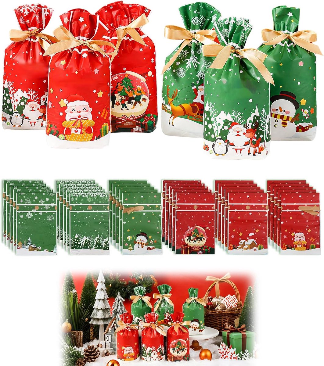 30 kerstcadeauzakjes met trekkoord, 5 verschillende feestelijke designs, perfecte feestzakjes voor koekjes, snoep en cadeautjes voor kinderen en volwassenen, voor alle winterfeesten