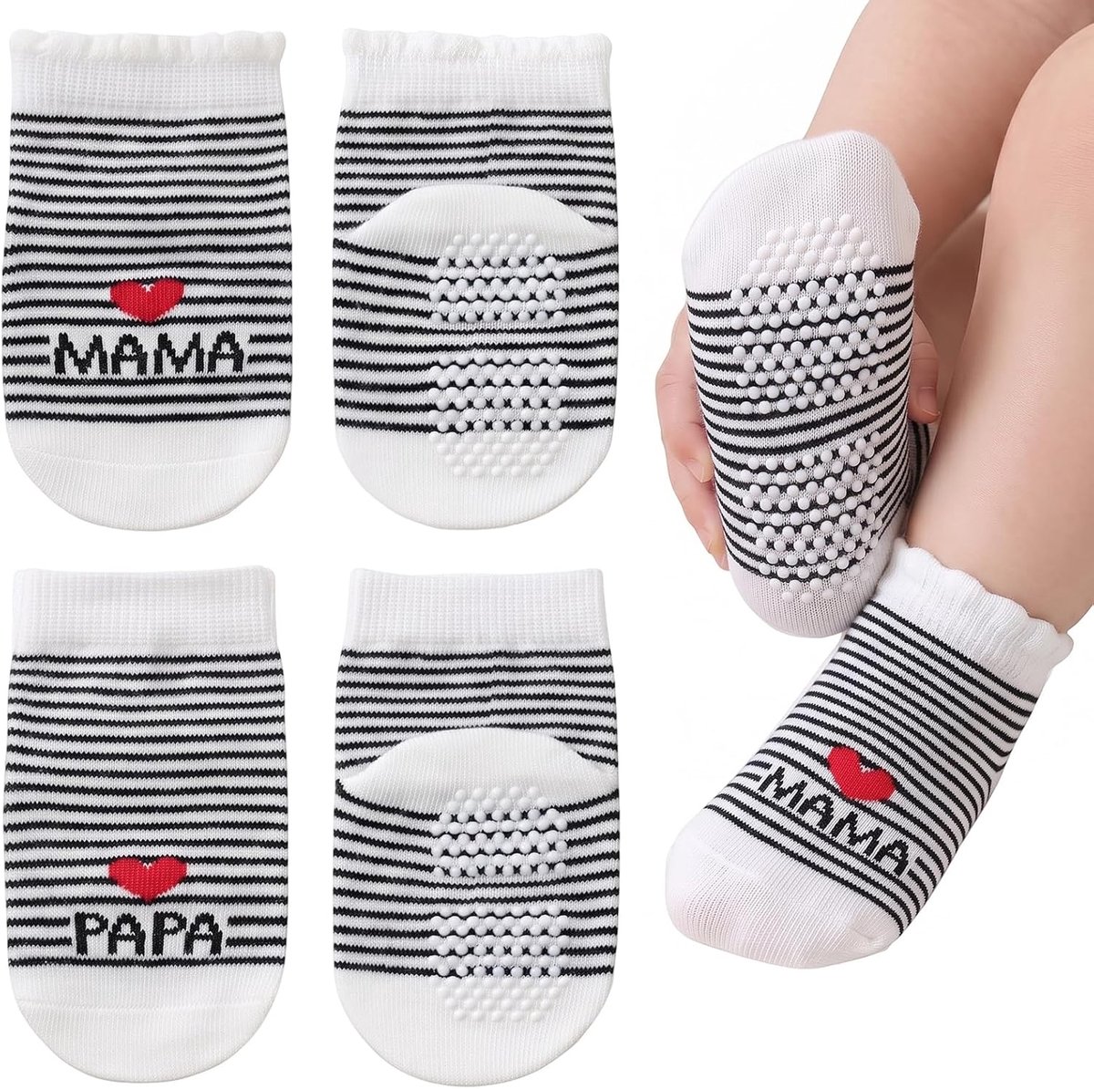 2 paar babysokken, katoenen antislip sokken, mama & papa katoenen sokken voor pasgeborenen, dunne huissokken, ideaal voor pasgeborenen (strepen, 0-6 maanden)
