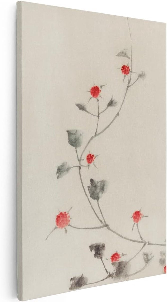 Canvas Schilderij Bloemen - 60x90 cm - Wanddecoratie Japandi - Muurdecoratie Aquarel - Decoratie Woonkamer - Rood