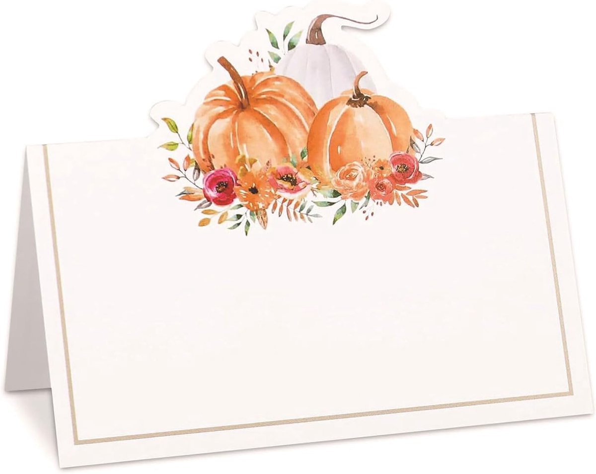 50 stuks plaatskaarten herfst pompoen, tafelkaarten herfst, tafelkaart met aquarel pompoen, herfstige tafeldecoratie voor eettafels, verjaardagen en Thanksgiving-decoratie