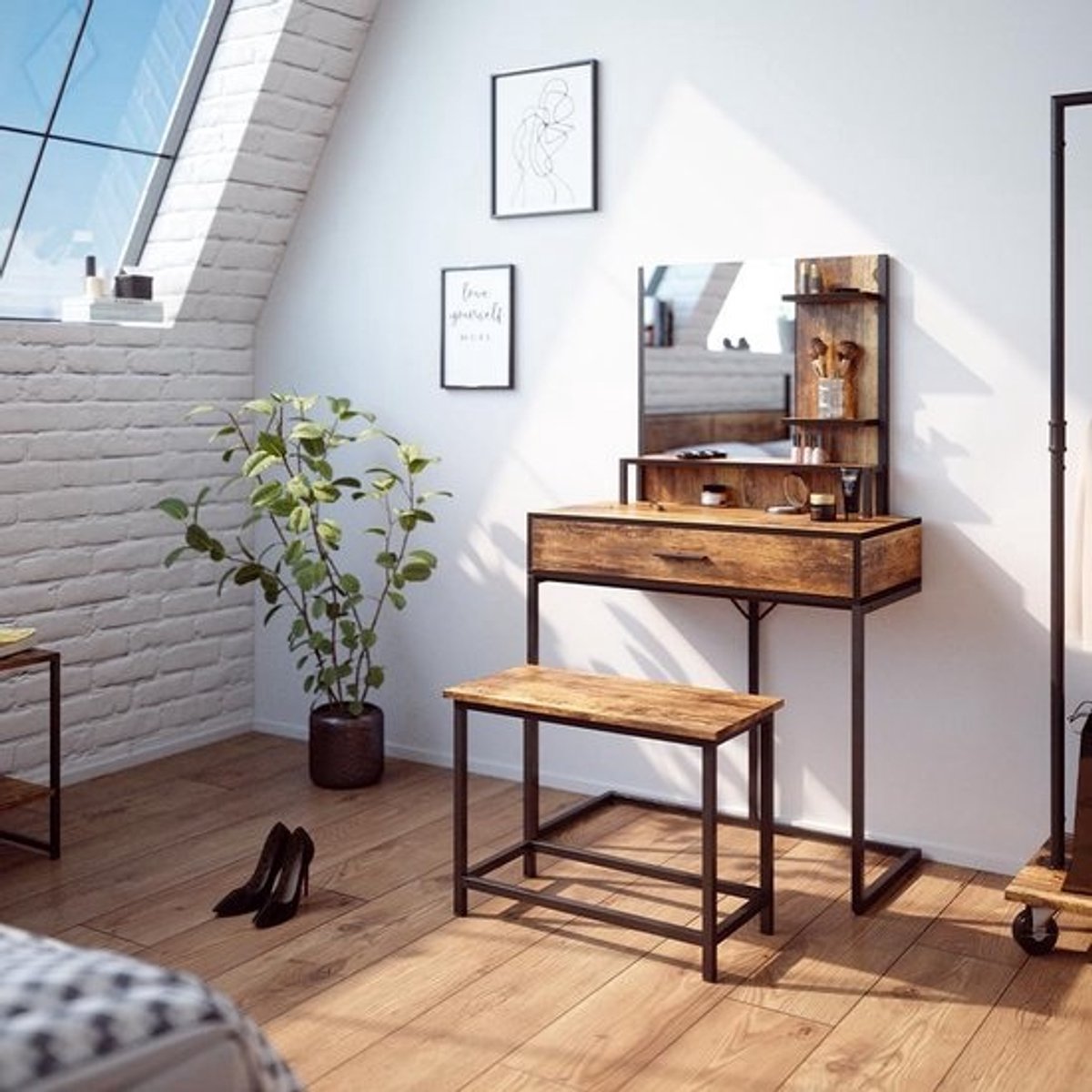 Stijlvol Bankje voor Kaptafel in Antiek Houtlook en Zwart Metaal (60 cm)