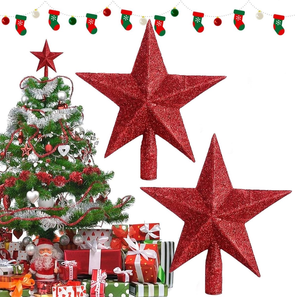 2 stuks sterren, kerstboom van kunststof, 20 cm, sterren, kerstboom, topper, met glinsterende sterren, voor kerstboomdecoratie, rood