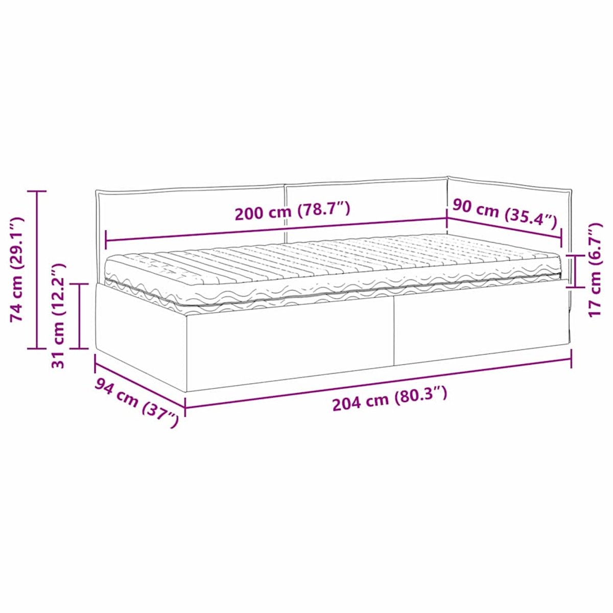 vidaXL Hoekbedframe - met - Matras - 2 - st - Donkergrijs - 90 - x - 200 - cm - Fluweel