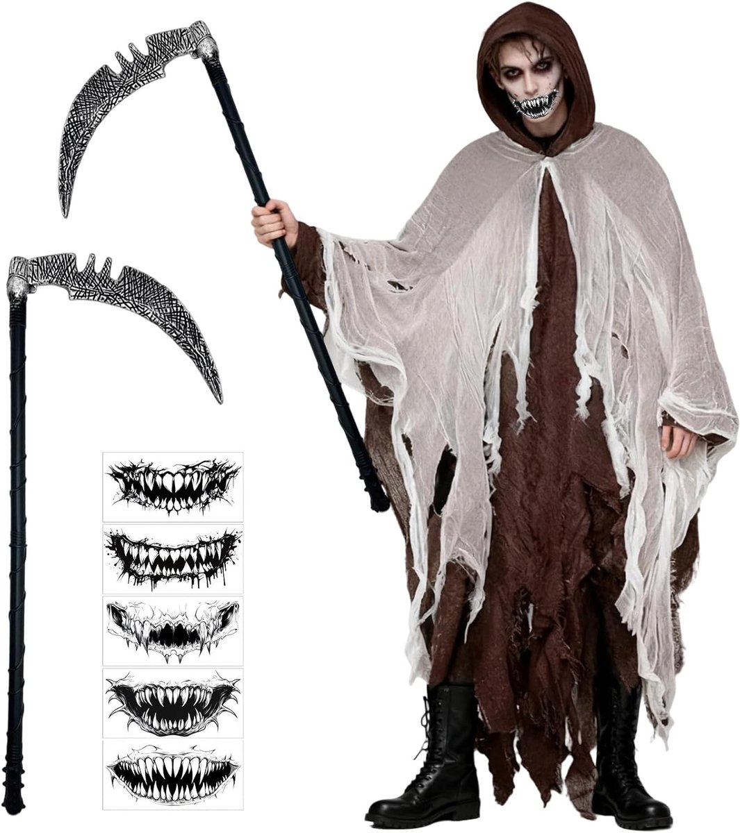 Sensenmann Reaper kostuum voor volwassenen, set met Magere Hein Cape Sense Sticker Grim Reaper kostuum voor Halloween carnaval