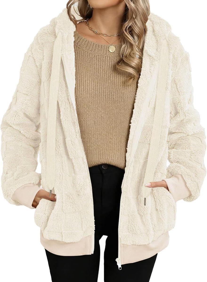 Fleecejack voor dames, met capuchon, teddyfleece, ritssluiting, hoodie, warm, herfst, winterjas, stijlvolle bontjas, pluche jas met zakken (meerkleurig, S-XXL)