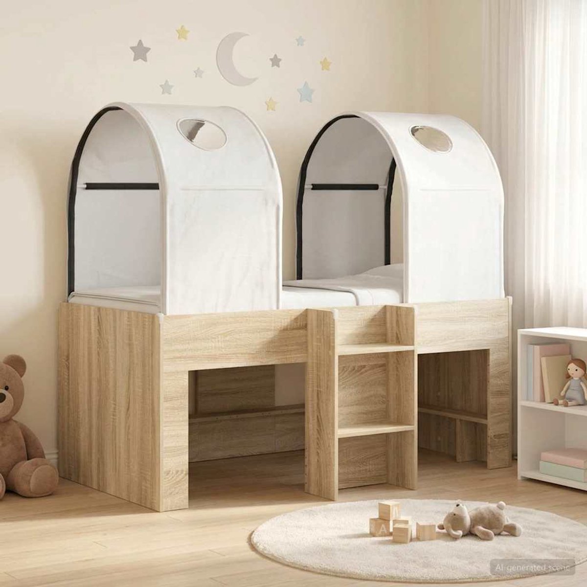 vidaXL Bed - met - Tunnel - 3 - st - Sonoma - en - Wit - Bewerkt - hout Sonoma en wit